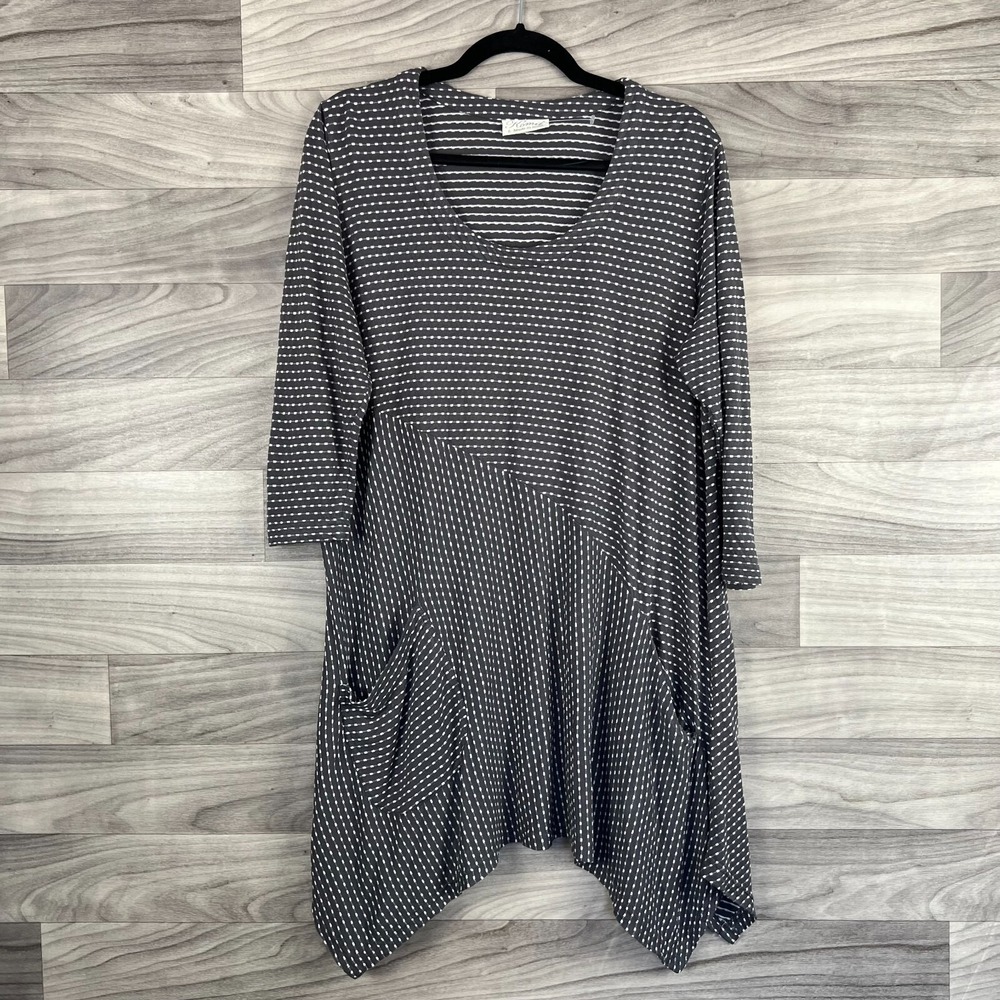 Komit Shift Dress Women Large Gray Dot Stripe Pockets Asymmetrical Hem Lagenlook